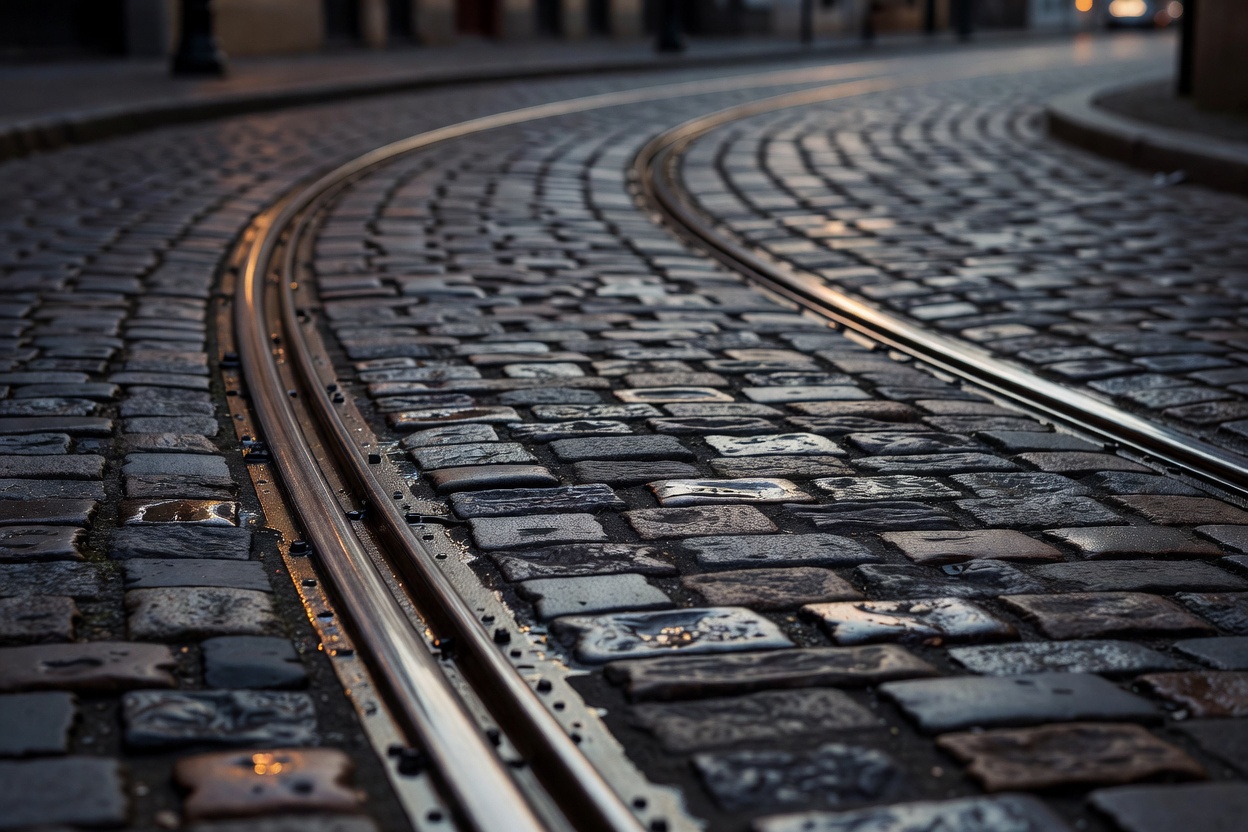 Shallow depth close-up of gleaming tram rails curving through worn cobblestone pavement at dusk
