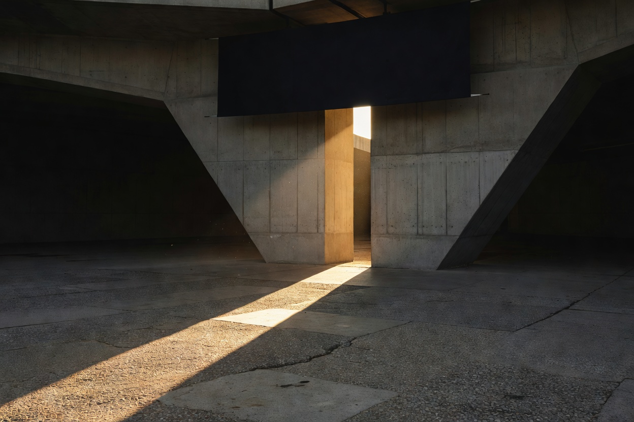 Sharp geometric sunbeam slicing between brutalist concrete bridge pillars onto textured pavement