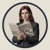 Circular portrait badge of photobook curator holding linen book