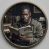 Circular portrait badge of documentary columnist with notebook