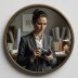 Circular portrait badge of architectural writer holding a small film camera