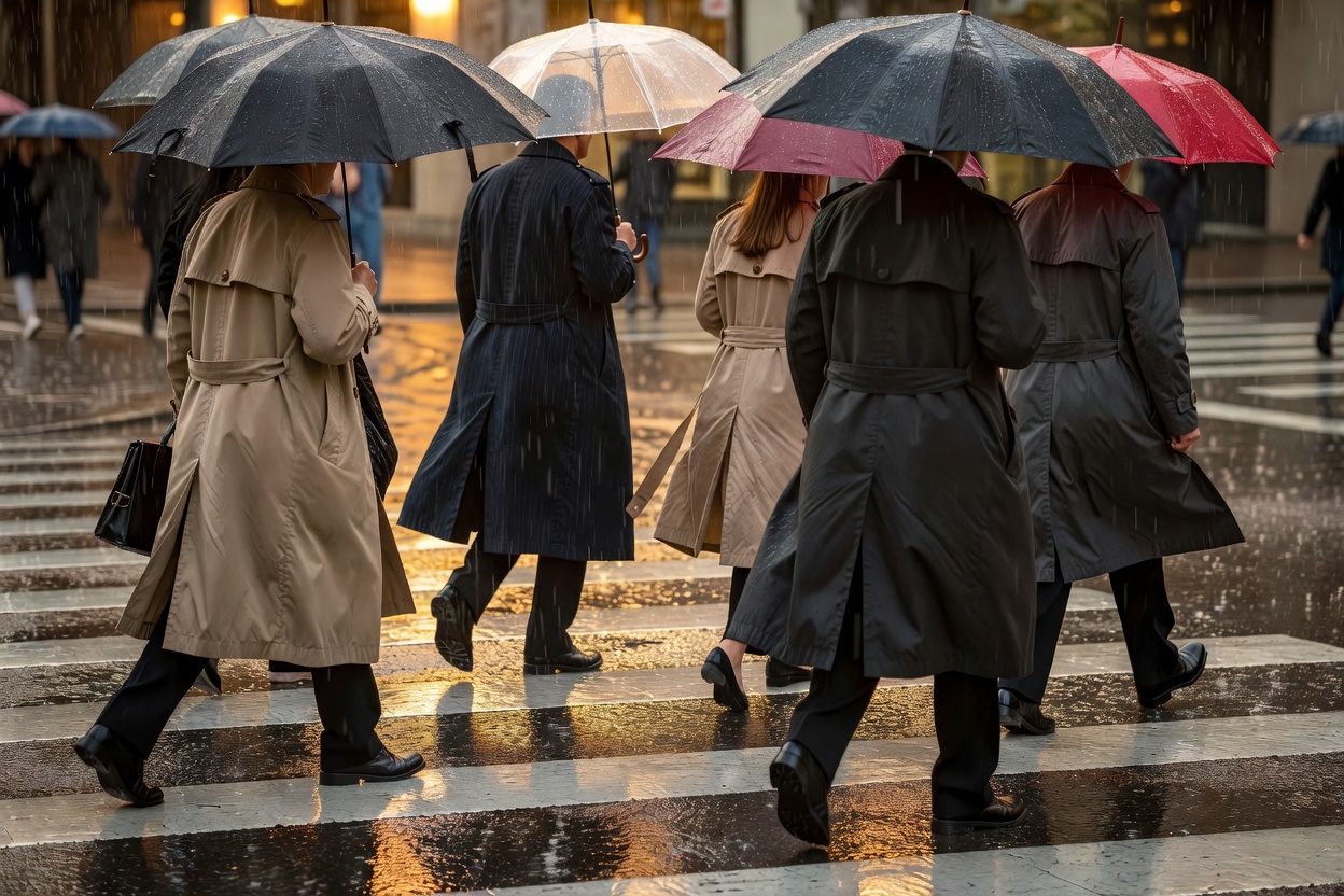 Close-up low-angle view of trench coat hems and wet umbrellas crossing painted pavement lines in golden hour rain