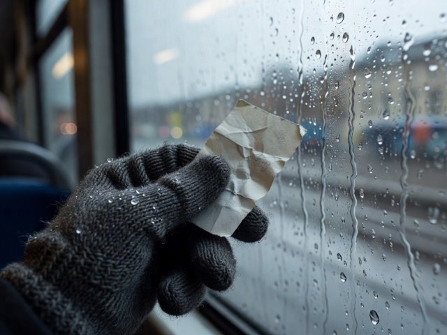 Shallow depth close-up of a wool-gloved hand holding a paper transit ticket beside a rain-streaked tram window