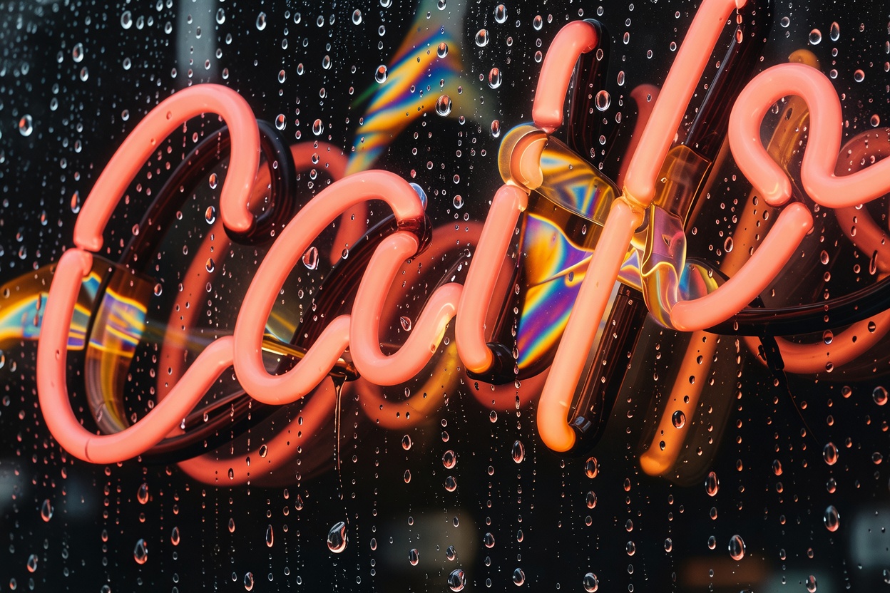 Close-up of warm coral and amber neon bakery signage refracting through rain droplets on dark glass