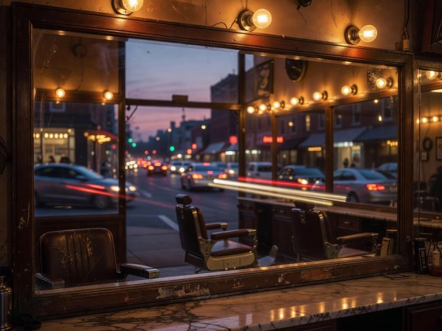 Warm amber tungsten light inside an old barbershop mirror reflecting dusk traffic outside