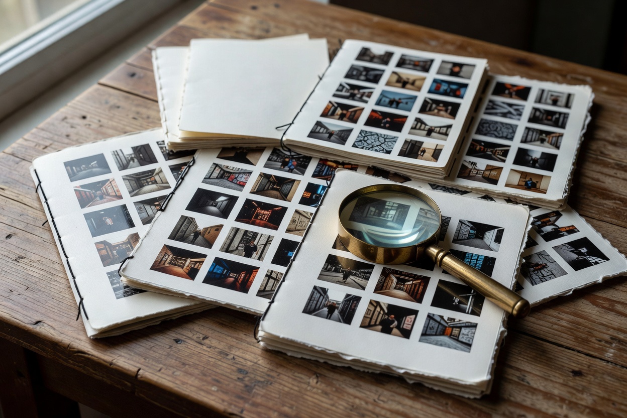 Close-up of stitched street photography zines, silver gelatin contact sheets, and a brass magnifying loupe on a wooden table