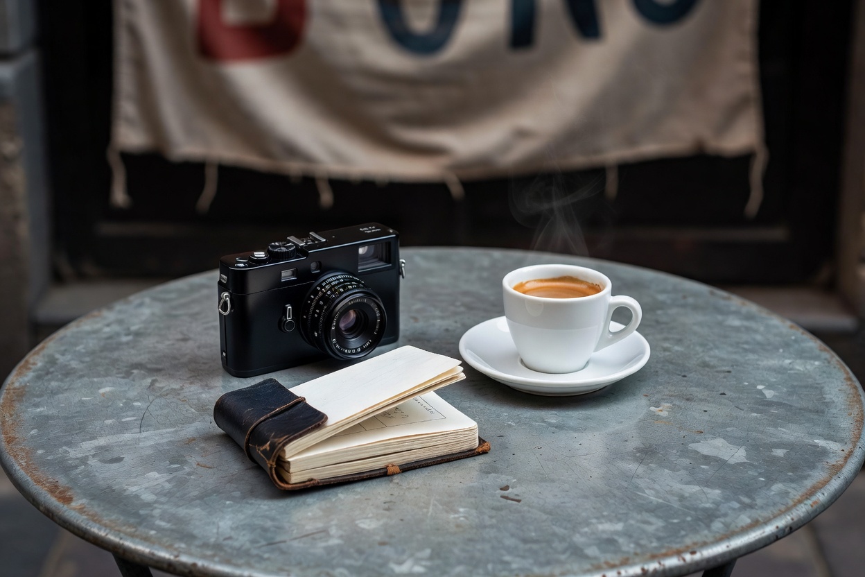 Close-up of a black compact camera, pocket field notebook, and espresso cup on a weathered zinc cafe table